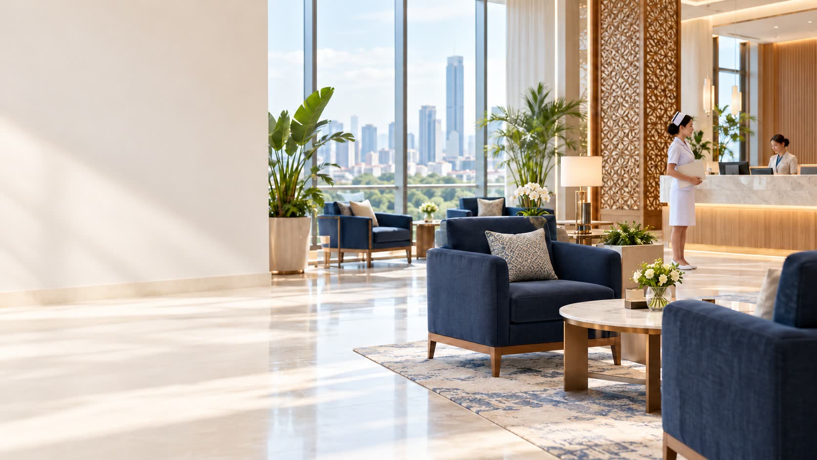 A bright hospital lounge with navy sofas and a city view
