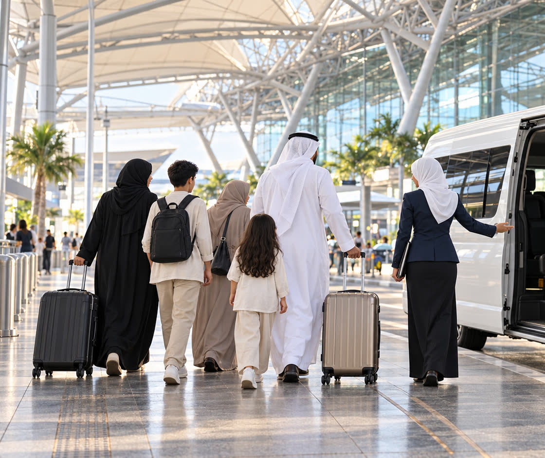 An international family with luggage arriving at an airport, met by a coordinator beside a van