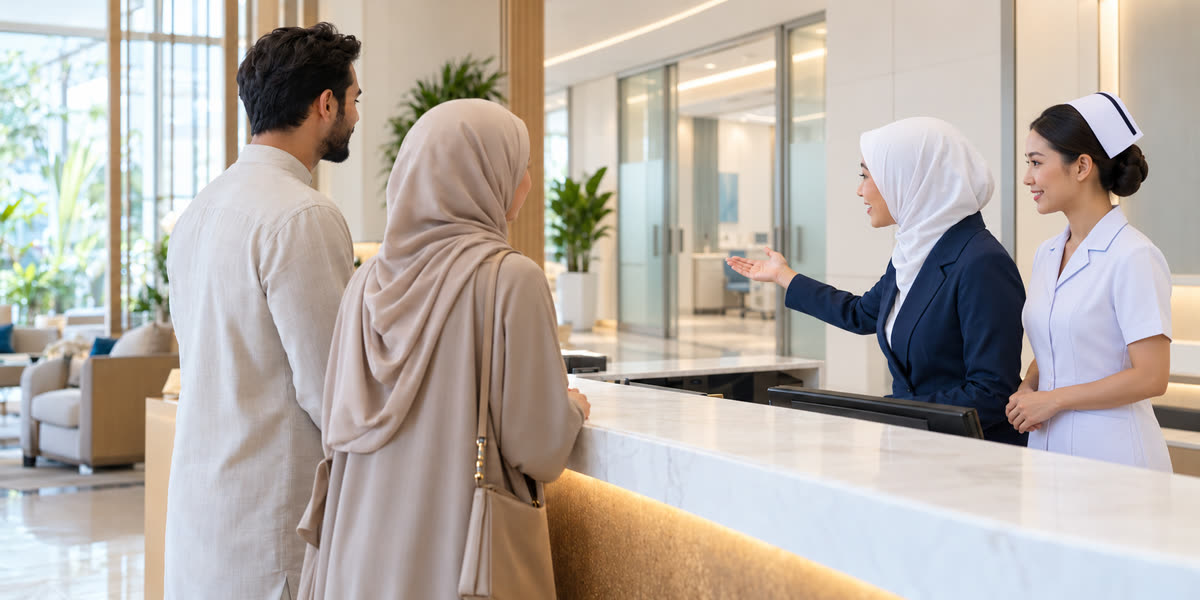 A hospital interpreter and a nurse welcoming an international couple at a reception desk